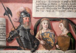 Swantopolk II. mit seinen beiden Gemahlinnen, aus dem Stammbaum der Greifen von Cornelius Krommeny, 1598.